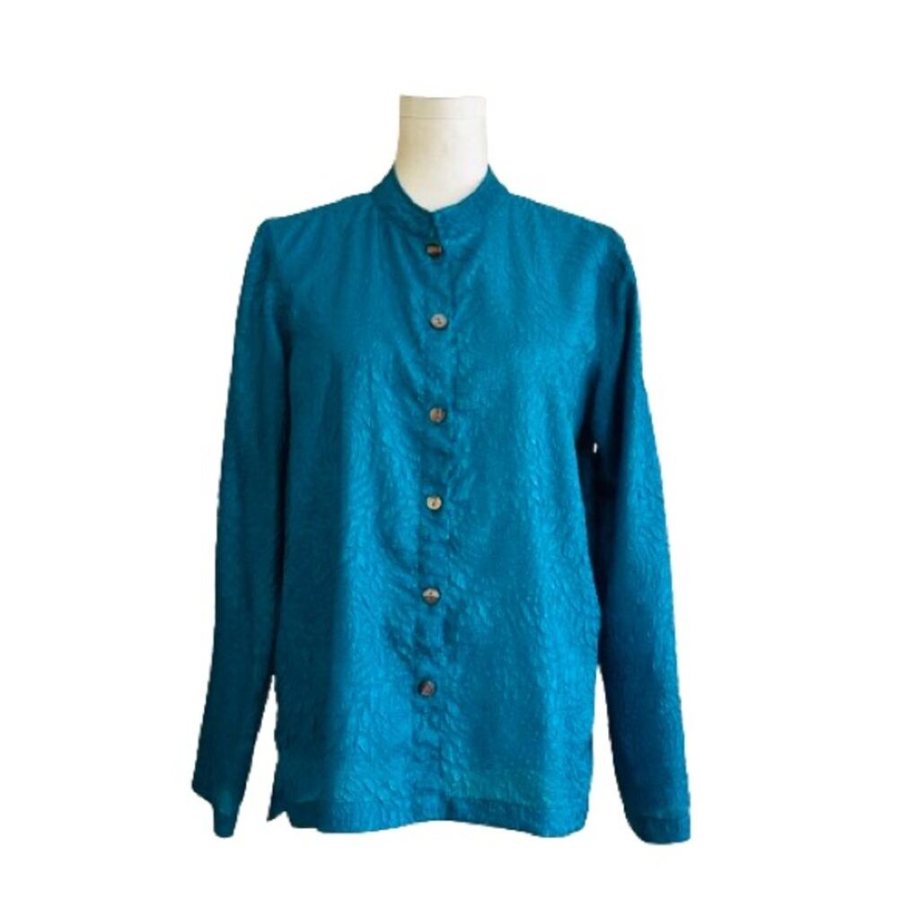 Addition by Chico’s Blue Peacock Crinkle Embossed Button Front Blouse Top Medium